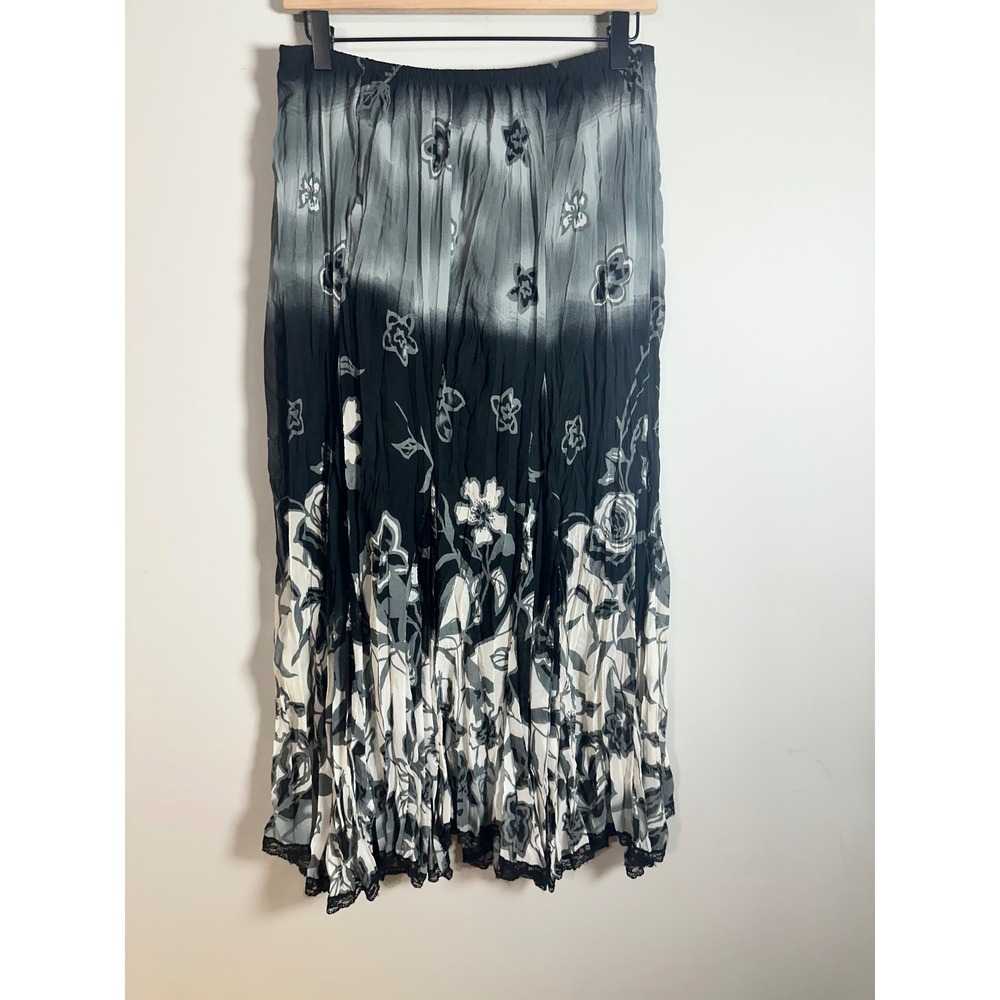 Rafael Womens Vintage Black White Floral Ombre Pleated Maxi Skirt Lace Trim Sz M